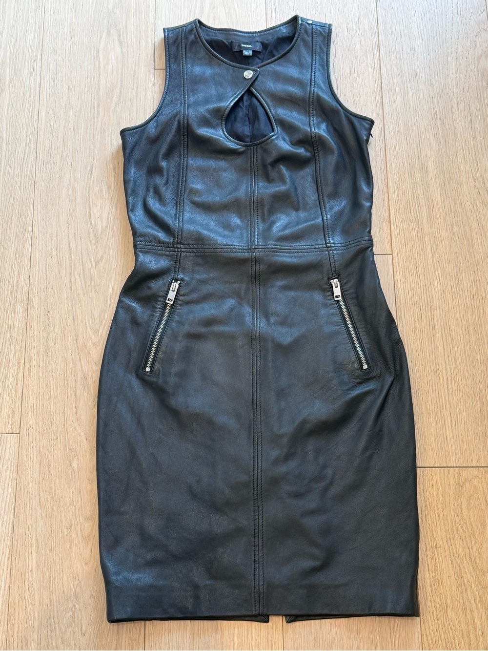 RARE Diesel Black 100% Sheepskin Leather Bodycon Dress Size S Designer Y2K - Picture 5 of 10